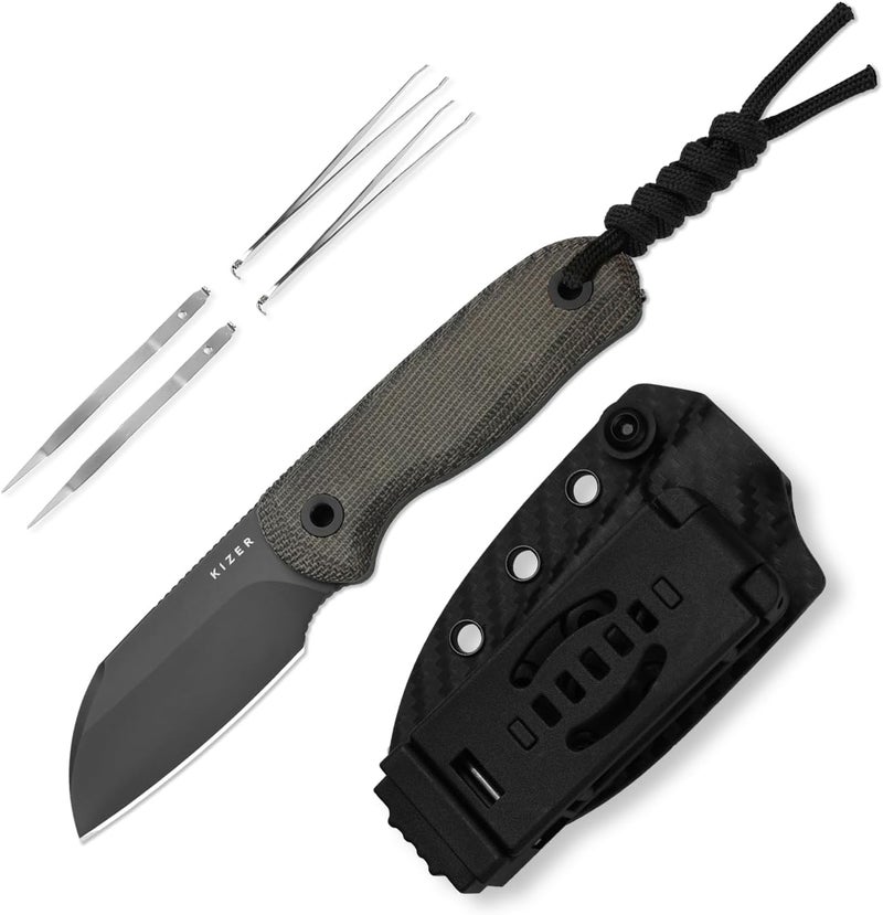 KIZER Drop Bear Fixed Blade Knife, 2.56" S45VN Matte DLC Ultra Blade EDC Camping Knife with Norplex UltreX™ Green Micarta Handle & Built-in Tools, Hunting Survival Knives with Kydex Sheath, 1093A3 - Image 1